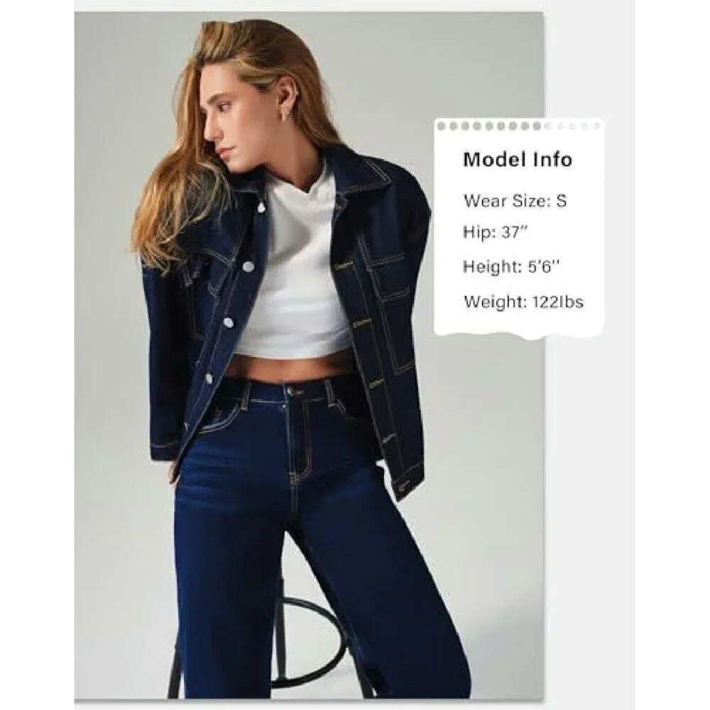Oversized Denim Jacket with Flap Pockets Casual Women's Coat
